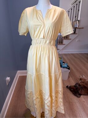 Haute Hippie Style Yellow Cotton Midi Dress Lace Hem Puff Sleeve Size Medium